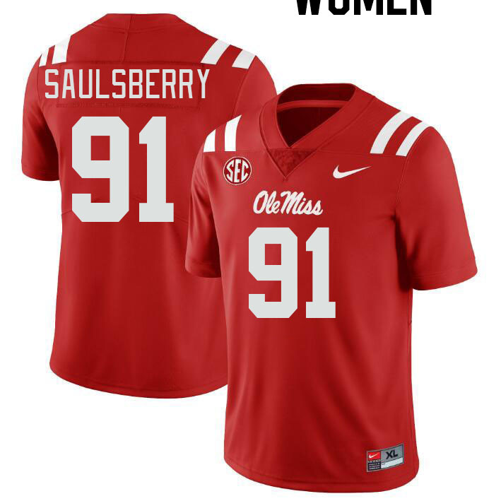 Women #91 Myles Saulsberry Ole Miss Rebels College Football Jerseyes Stitched Sale-Red